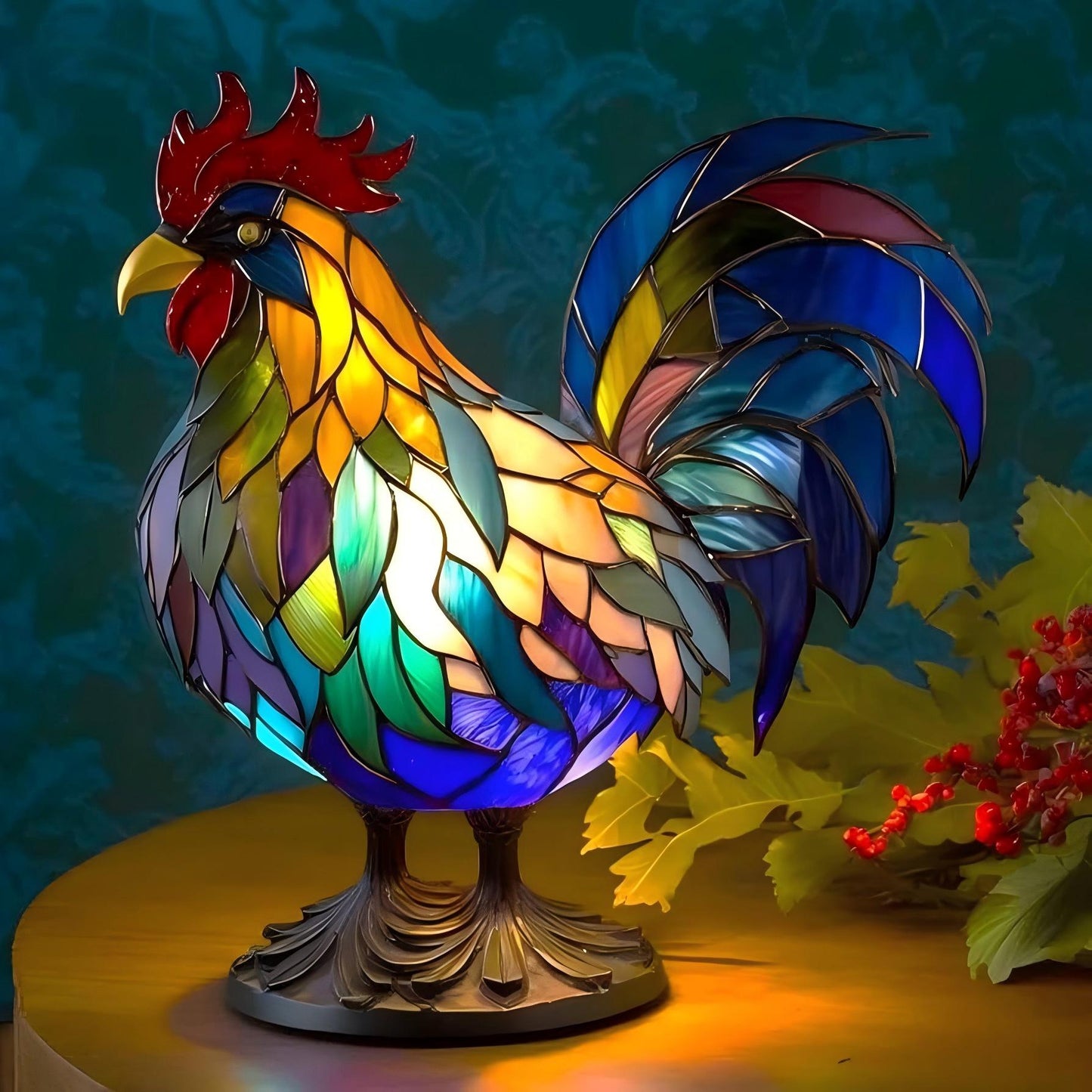 Vibrant Rooster Resin Art Lamp